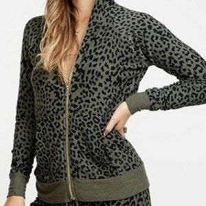 Chaser Olive Green Leopard Cheetah Animal Print Full Zip Hooded Sweatshirt-M